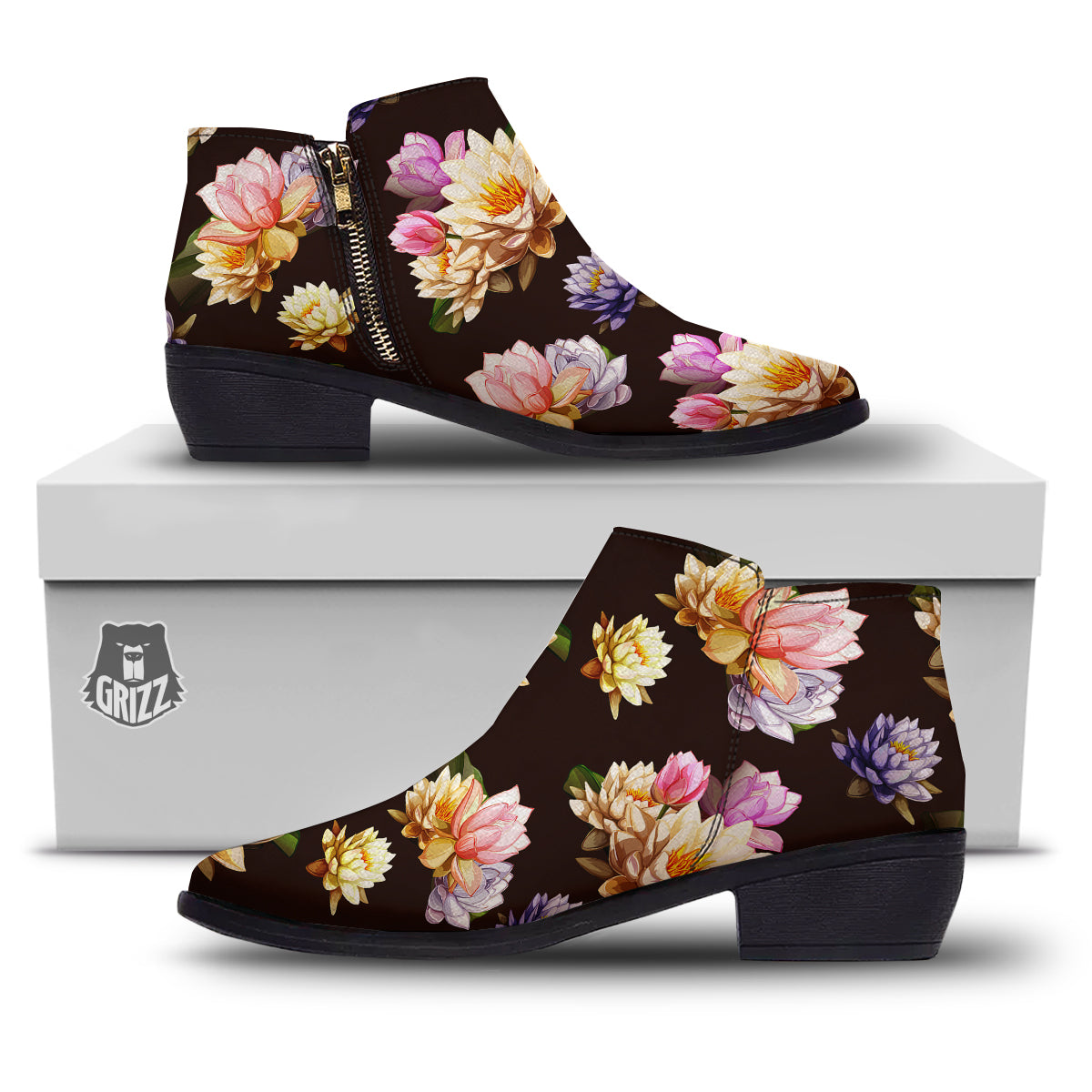 Flower Lotus Vintage Print Pattern Ankle Boots-grizzshop