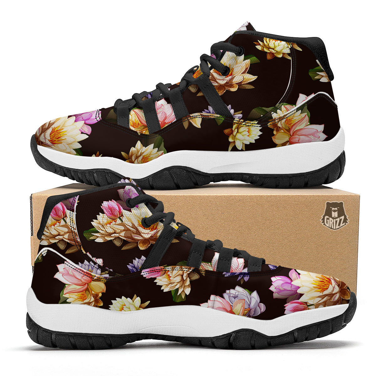 Flower Lotus Vintage Print Pattern Black Bball Shoes-grizzshop