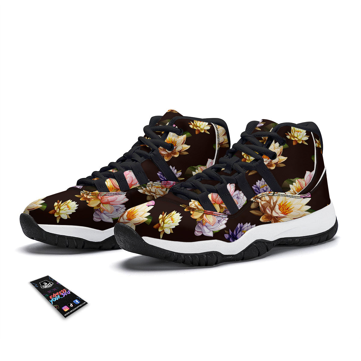 Flower Lotus Vintage Print Pattern Black Bball Shoes-grizzshop