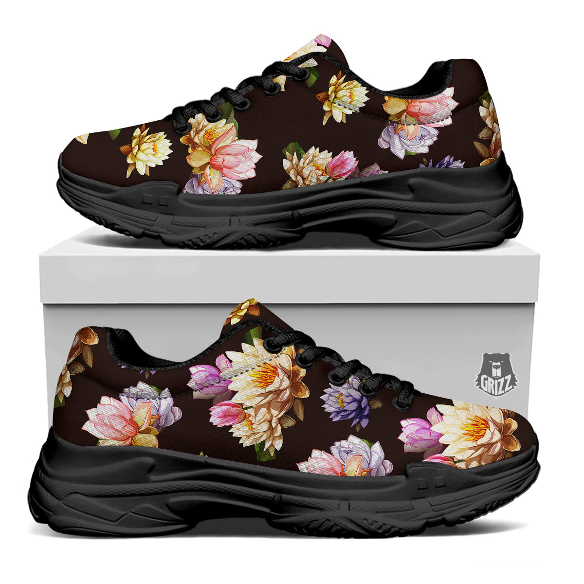 Flower Lotus Vintage Print Pattern Black Chunky Shoes-grizzshop