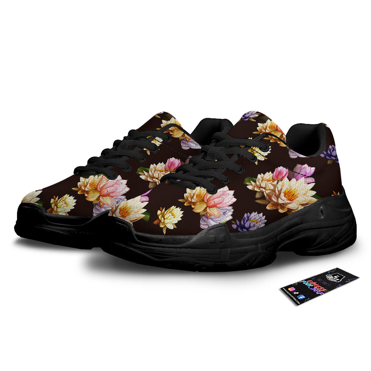 Flower Lotus Vintage Print Pattern Black Chunky Shoes-grizzshop