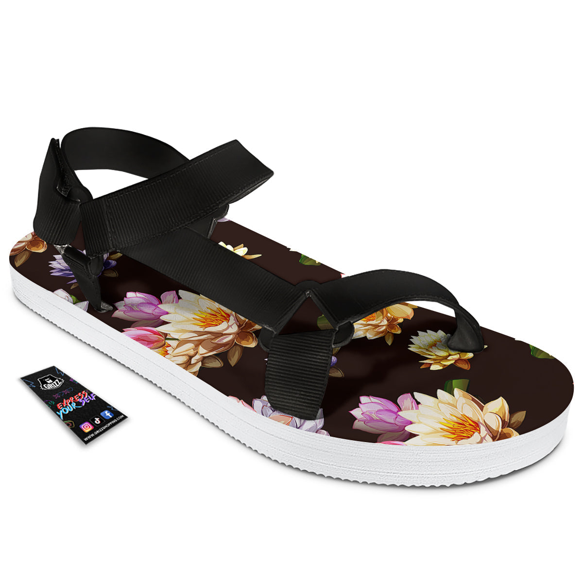 Flower Lotus Vintage Print Pattern Black Open Toe Sandals-grizzshop