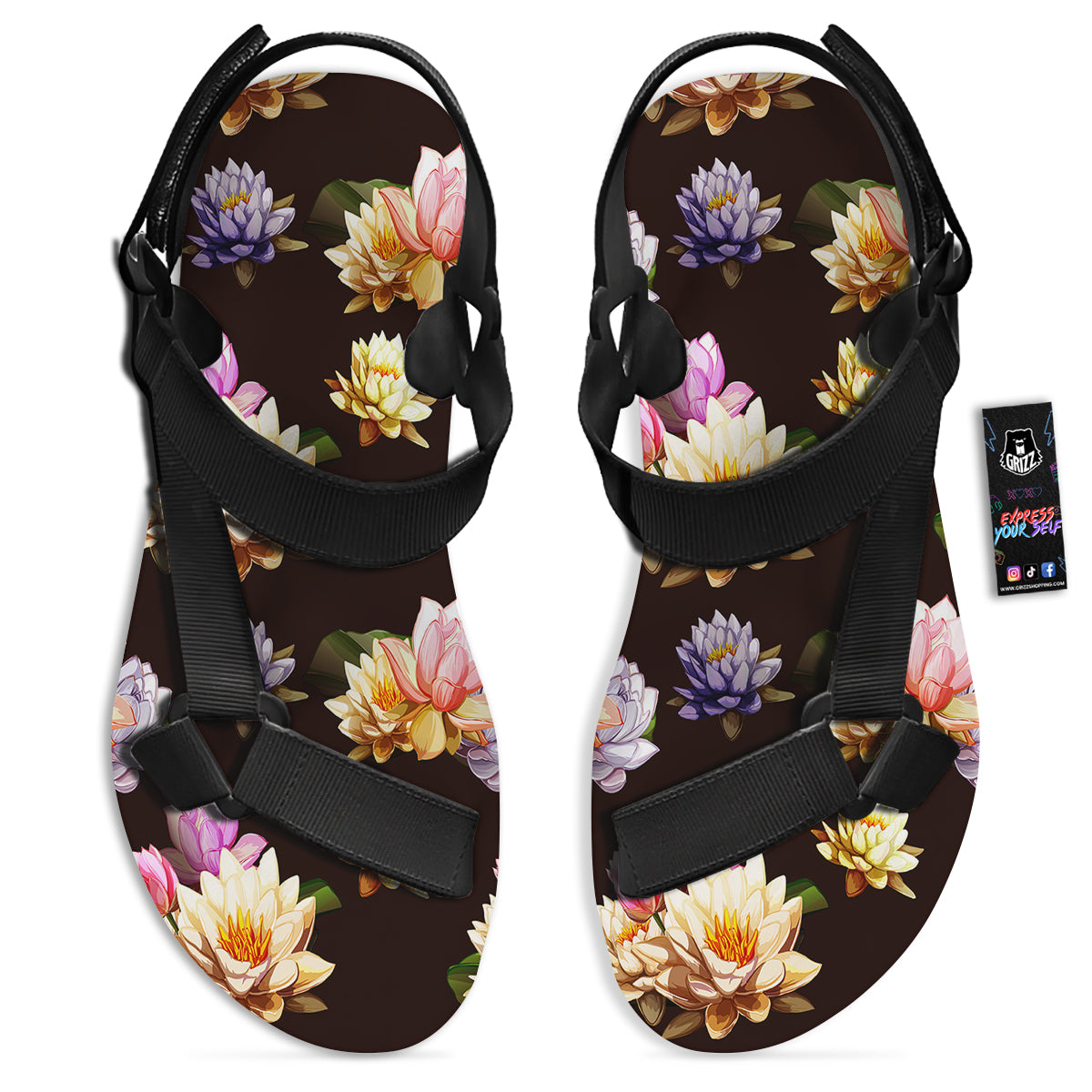 Flower Lotus Vintage Print Pattern Black Open Toe Sandals-grizzshop