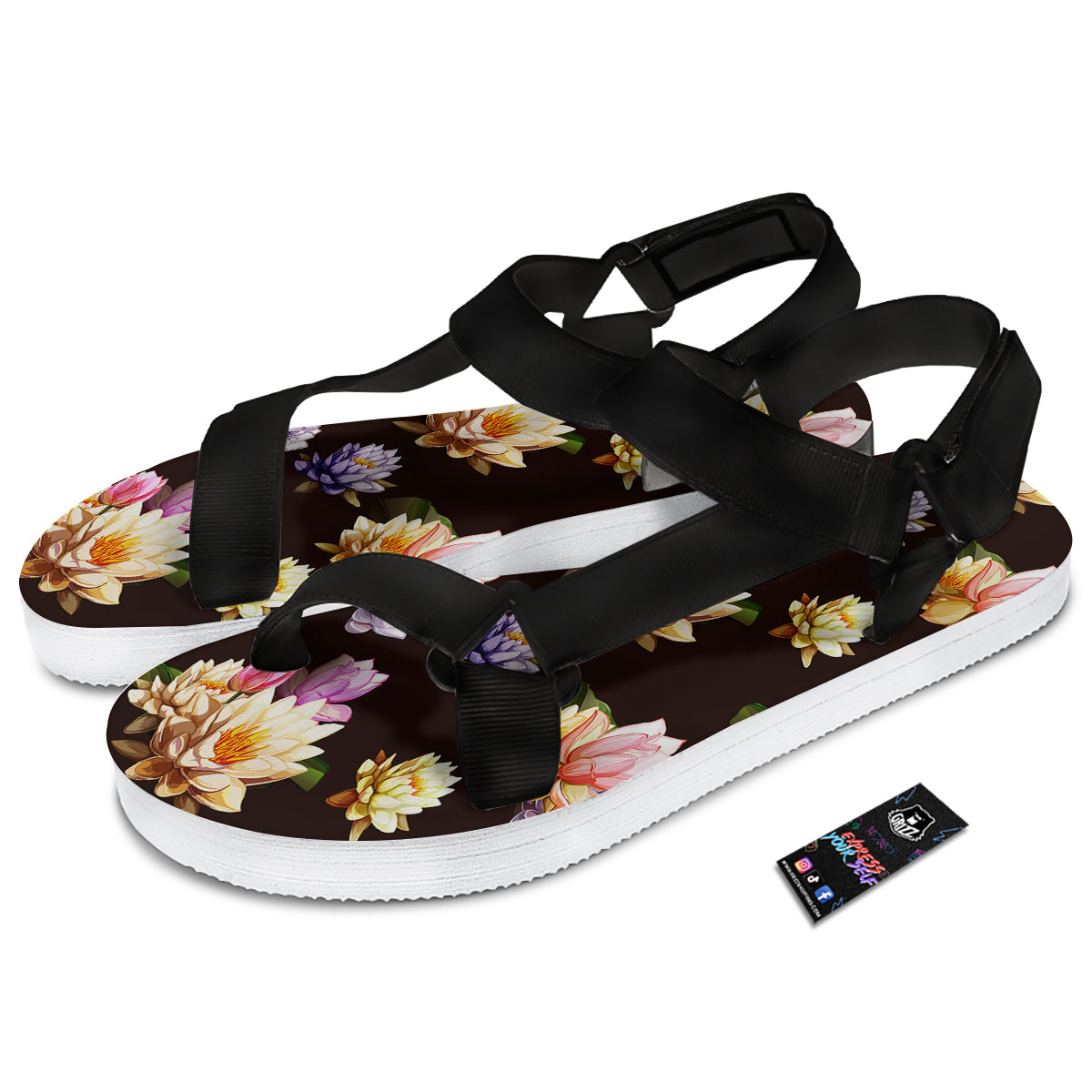 Flower Lotus Vintage Print Pattern Black Open Toe Sandals-grizzshop