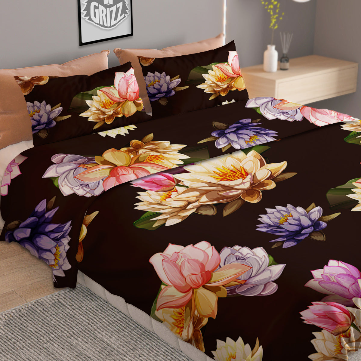 Flower Lotus Vintage Print Pattern Duvet Cover Bedding Set