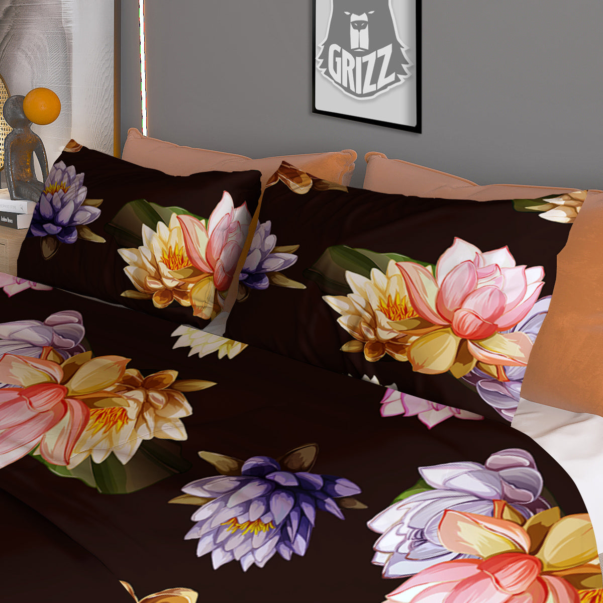 Flower Lotus Vintage Print Pattern Duvet Cover Bedding Set