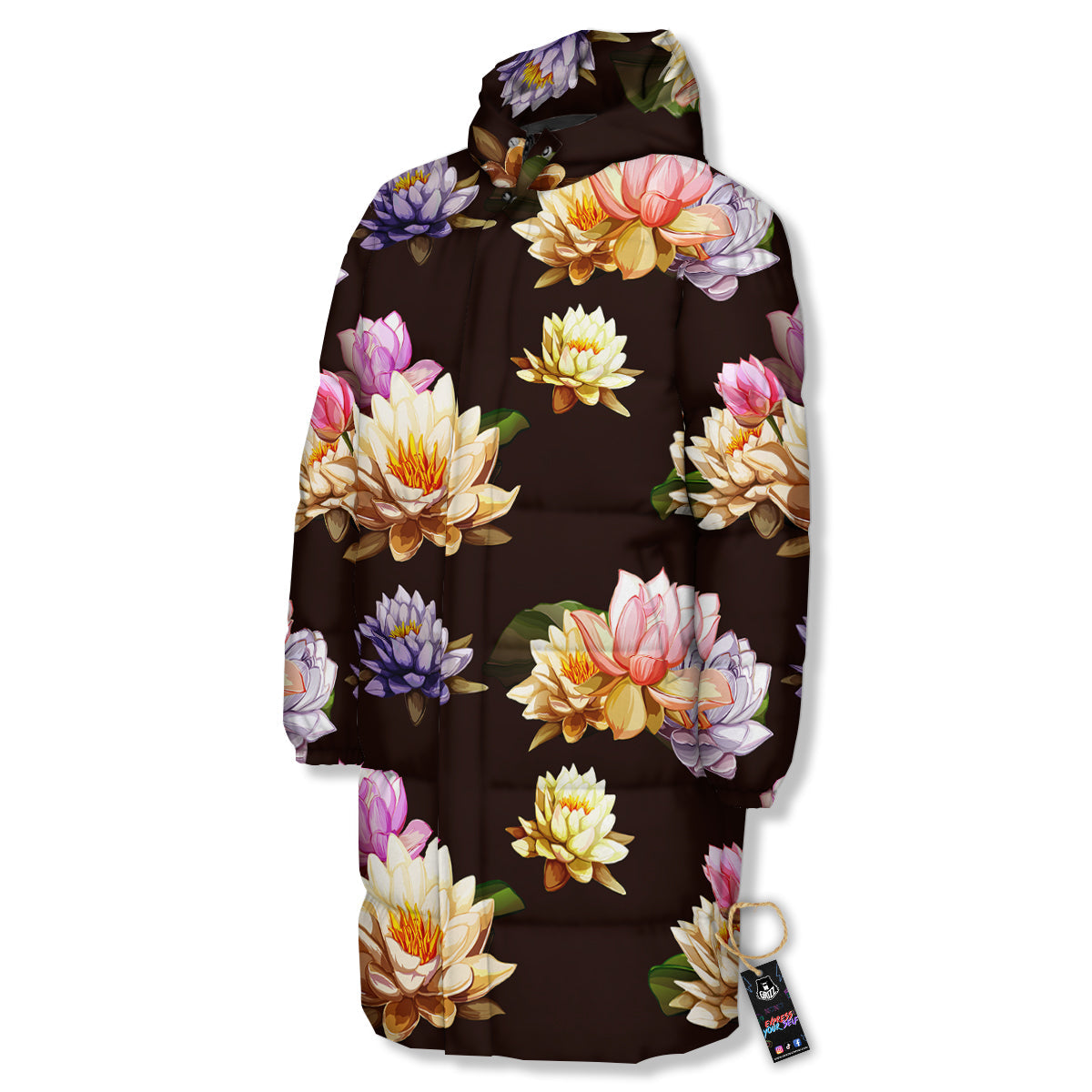 Flower Lotus Vintage Print Pattern Long Down Jacket-grizzshop