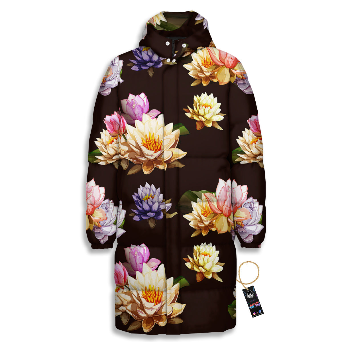 Flower Lotus Vintage Print Pattern Long Down Jacket-grizzshop