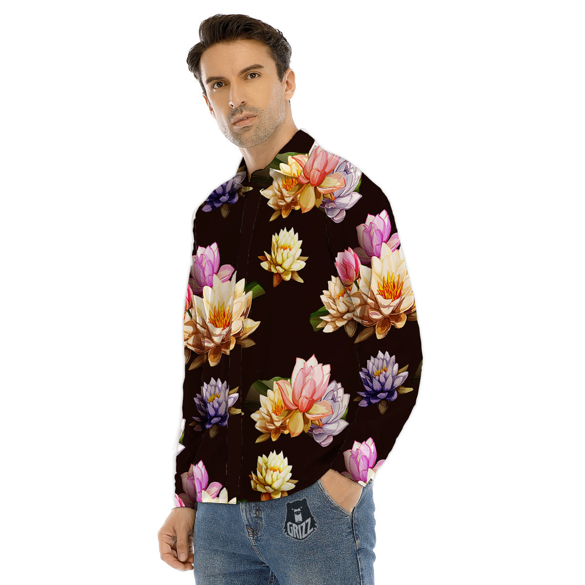 Flower Lotus Vintage Print Pattern Men's Dress Shirts-grizzshop