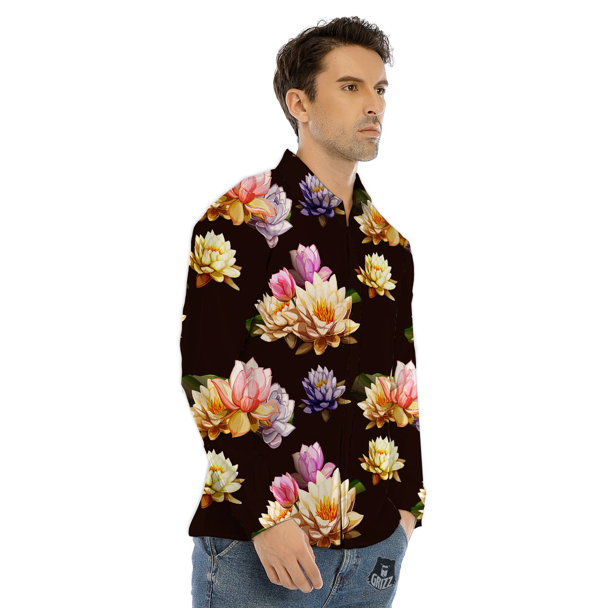 Flower Lotus Vintage Print Pattern Men's Dress Shirts-grizzshop
