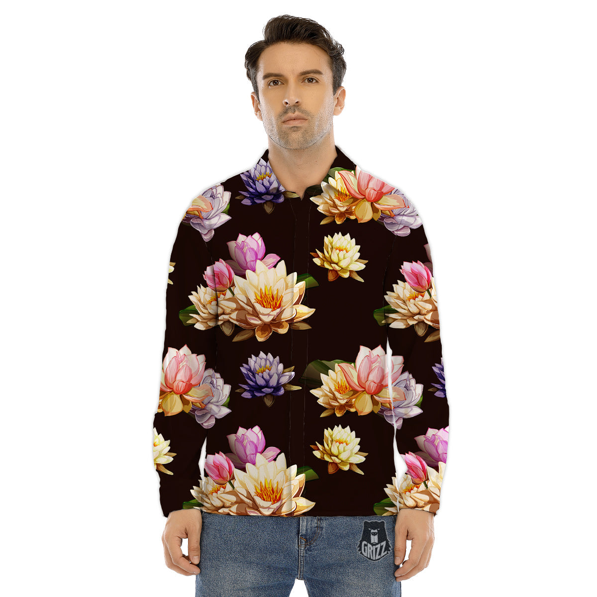 Flower Lotus Vintage Print Pattern Men's Dress Shirts-grizzshop