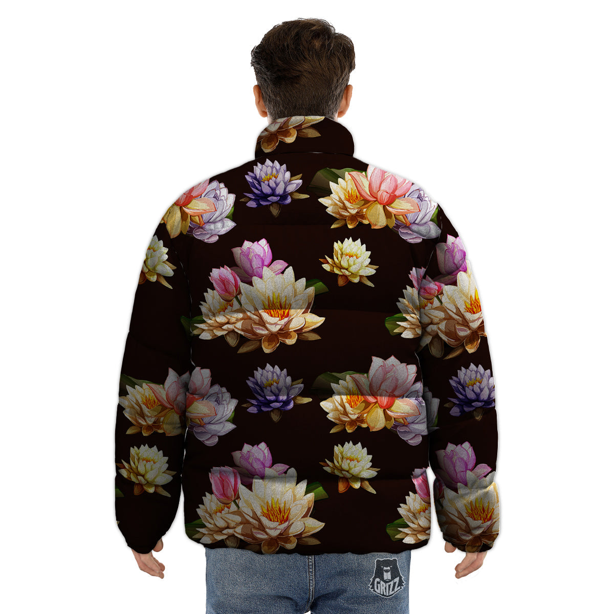 Flower Lotus Vintage Print Pattern Puffer Jacket-grizzshop