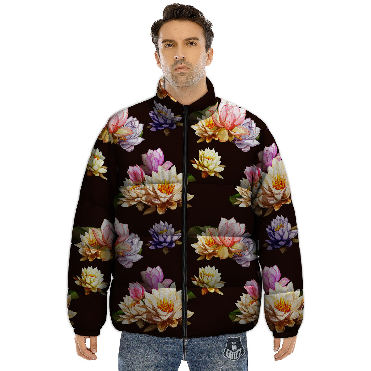 Flower Lotus Vintage Print Pattern Puffer Jacket-grizzshop