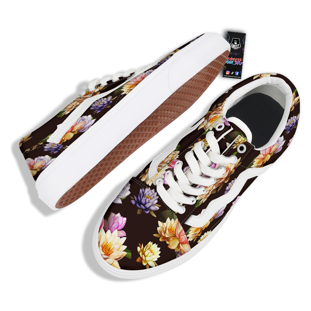 Flower Lotus Vintage Print Pattern Skate Shoes-grizzshop