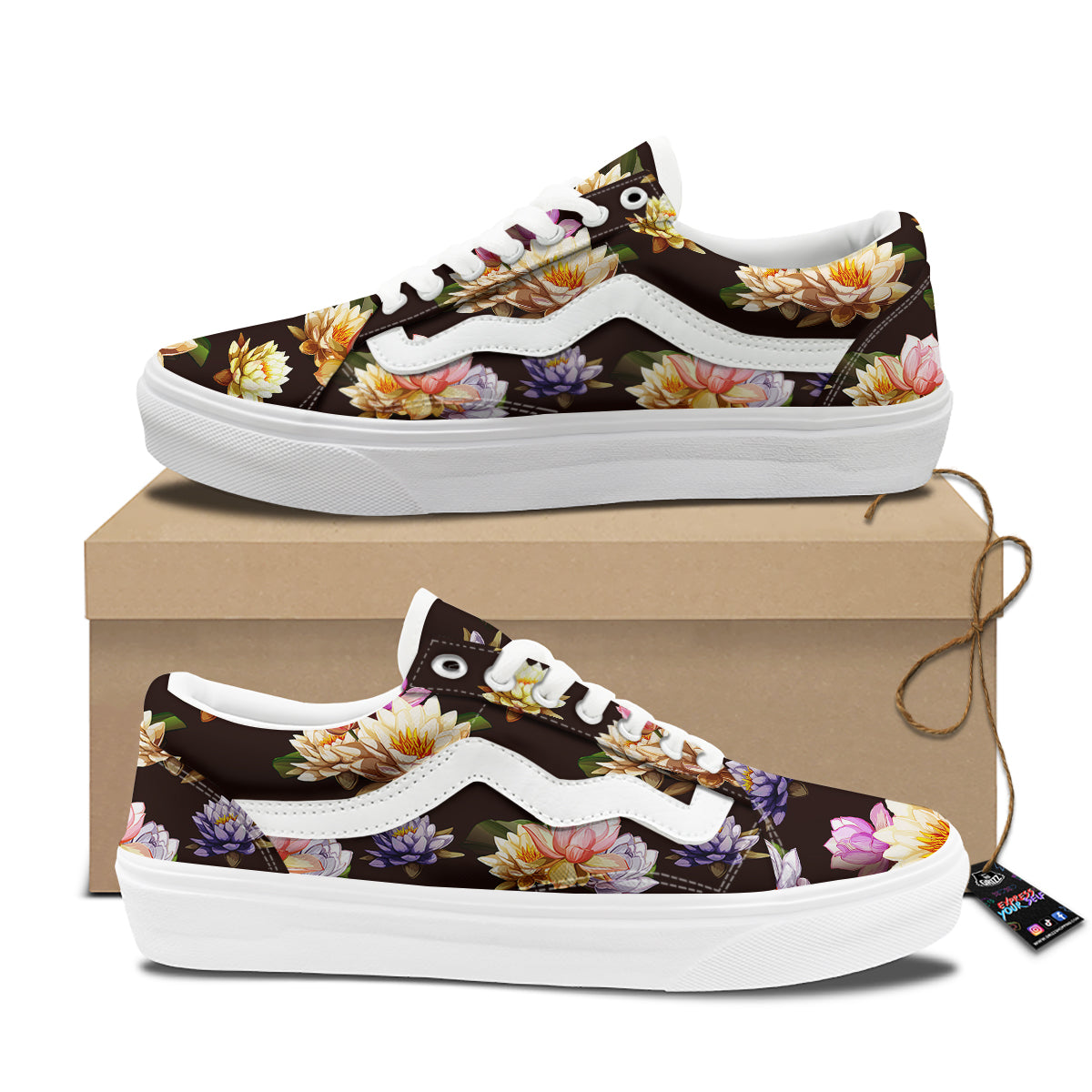 Flower Lotus Vintage Print Pattern Skate Shoes-grizzshop