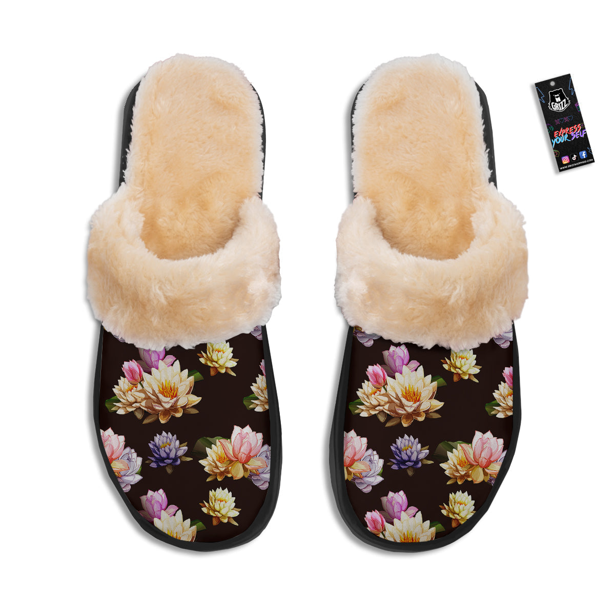 Flower Lotus Vintage Print Pattern Slippers-grizzshop