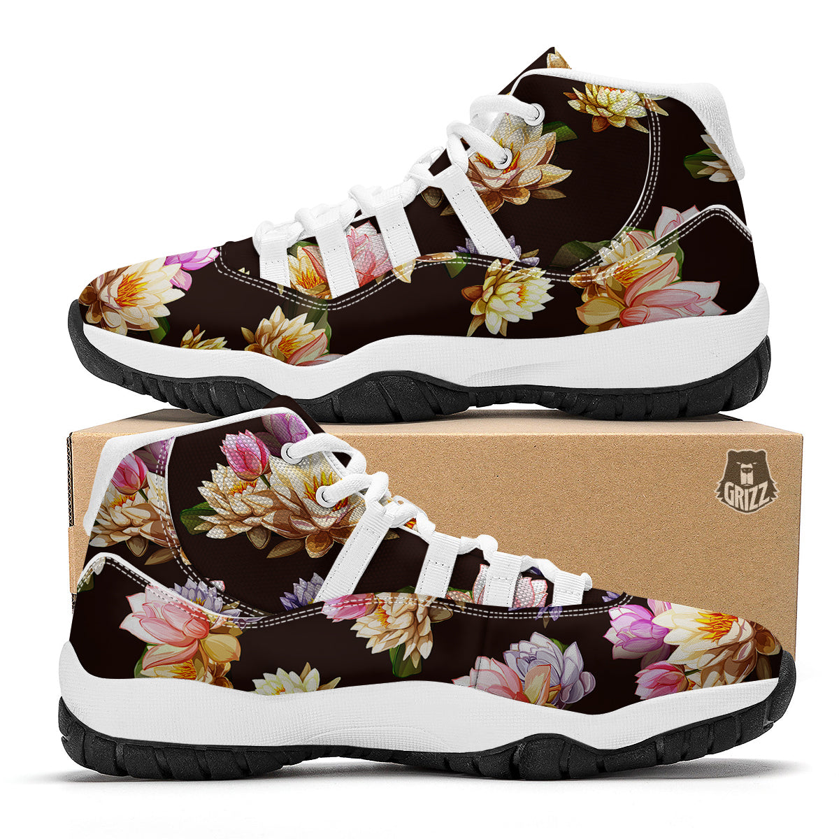 Flower Lotus Vintage Print Pattern White Bball Shoes-grizzshop