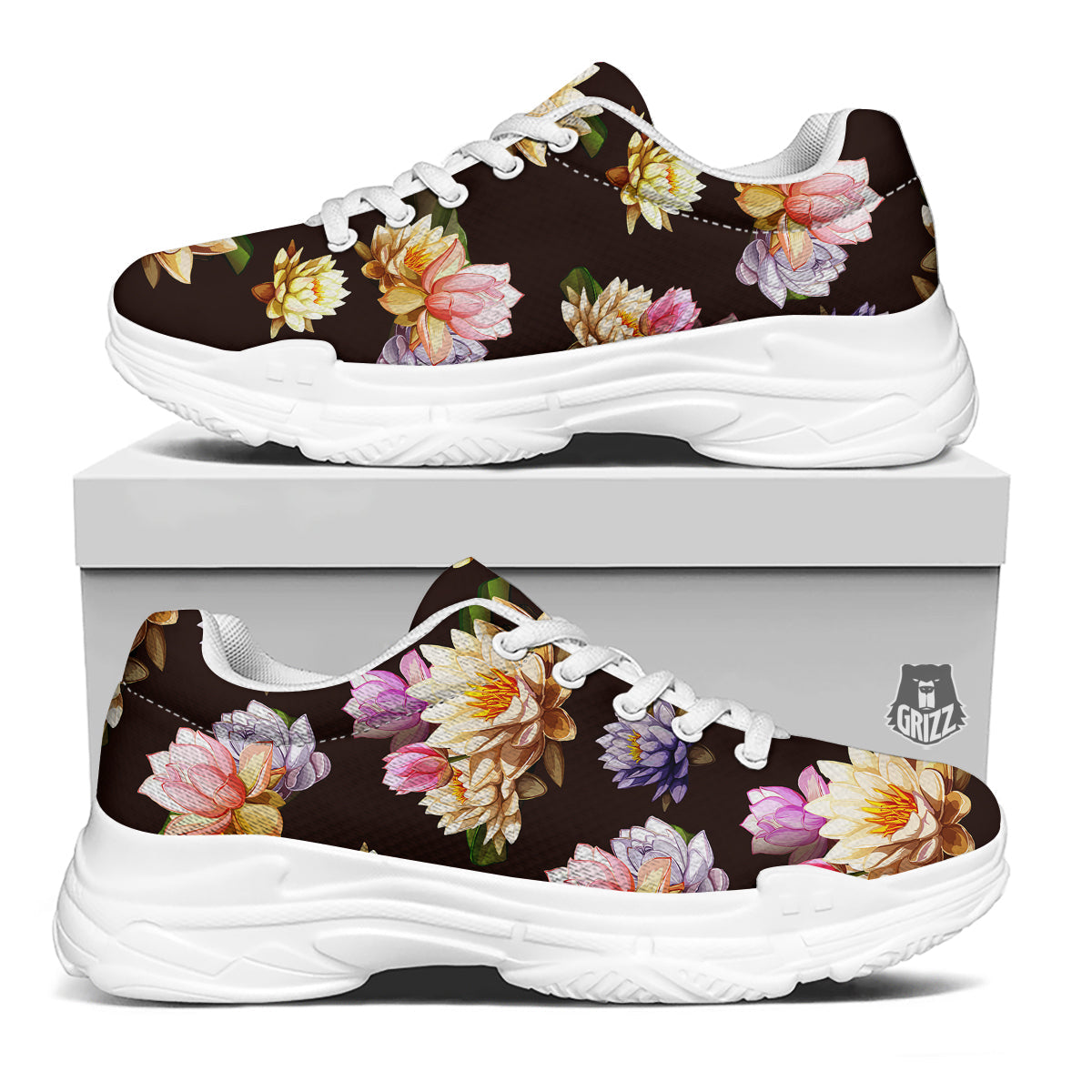 Flower Lotus Vintage Print Pattern White Chunky Shoes-grizzshop
