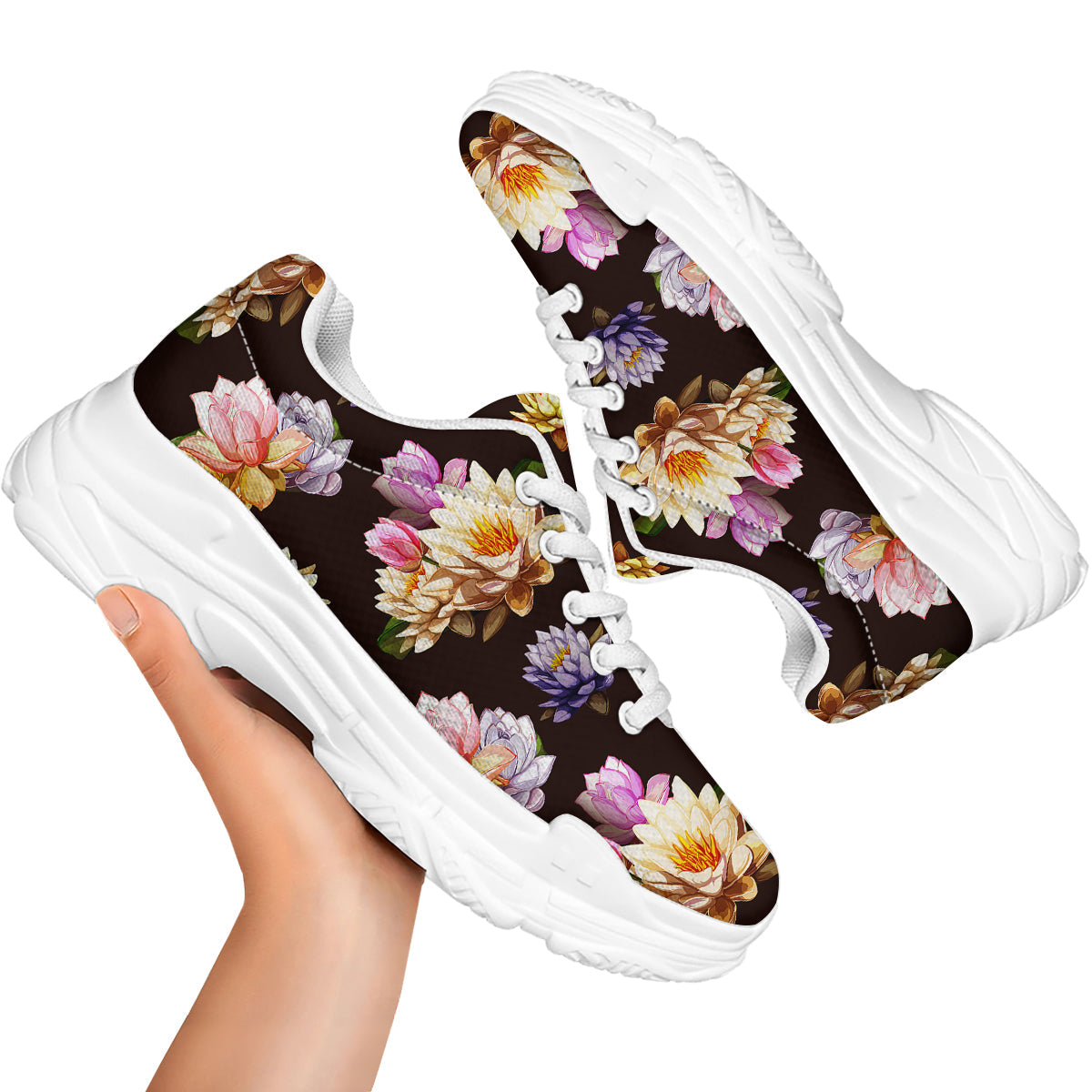 Flower Lotus Vintage Print Pattern White Chunky Shoes-grizzshop