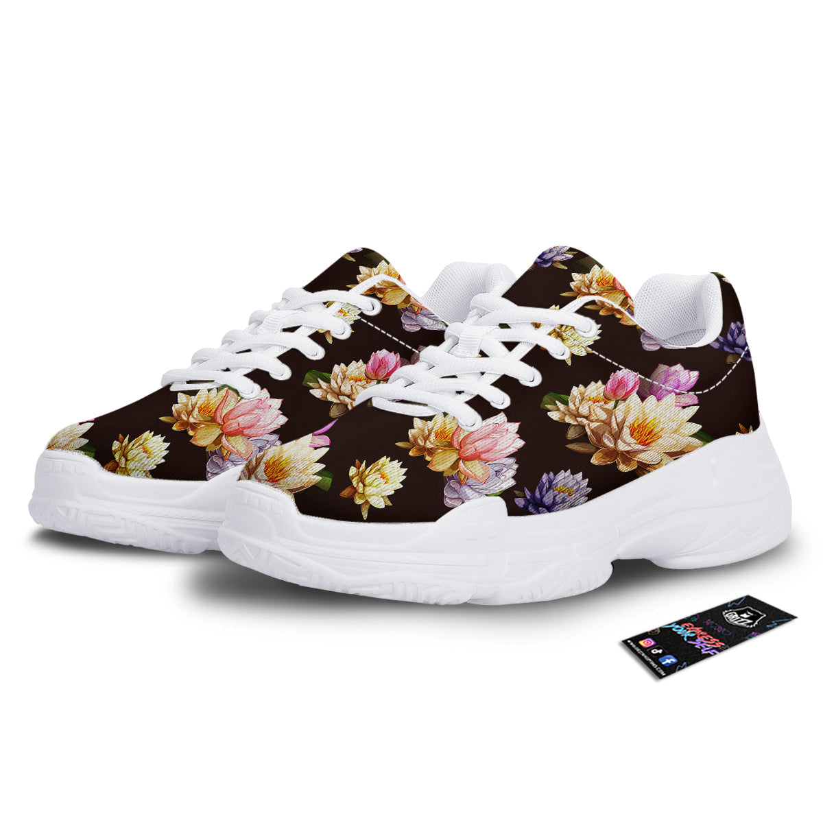 Flower Lotus Vintage Print Pattern White Chunky Shoes-grizzshop
