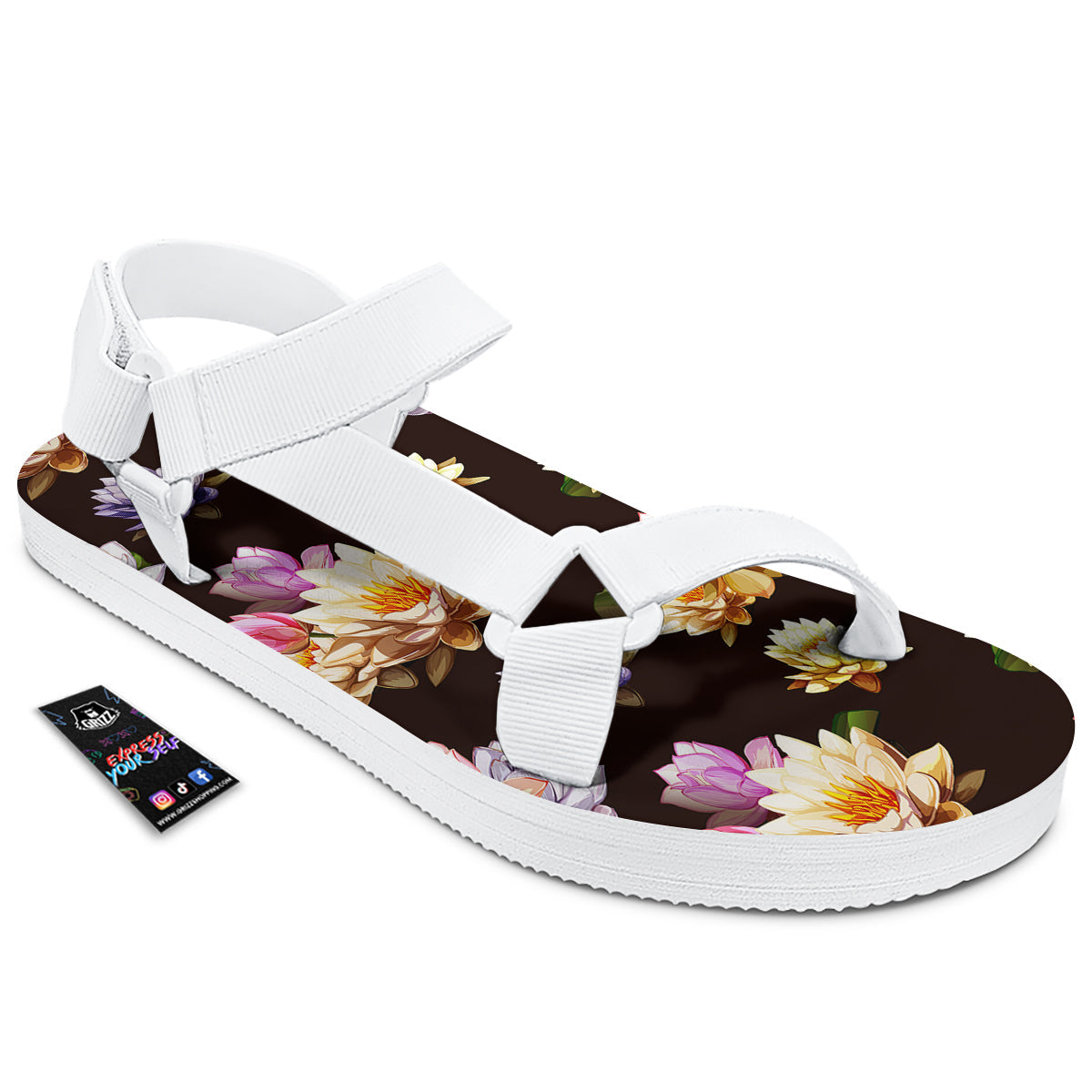 Flower Lotus Vintage Print Pattern White Open Toe Sandals-grizzshop