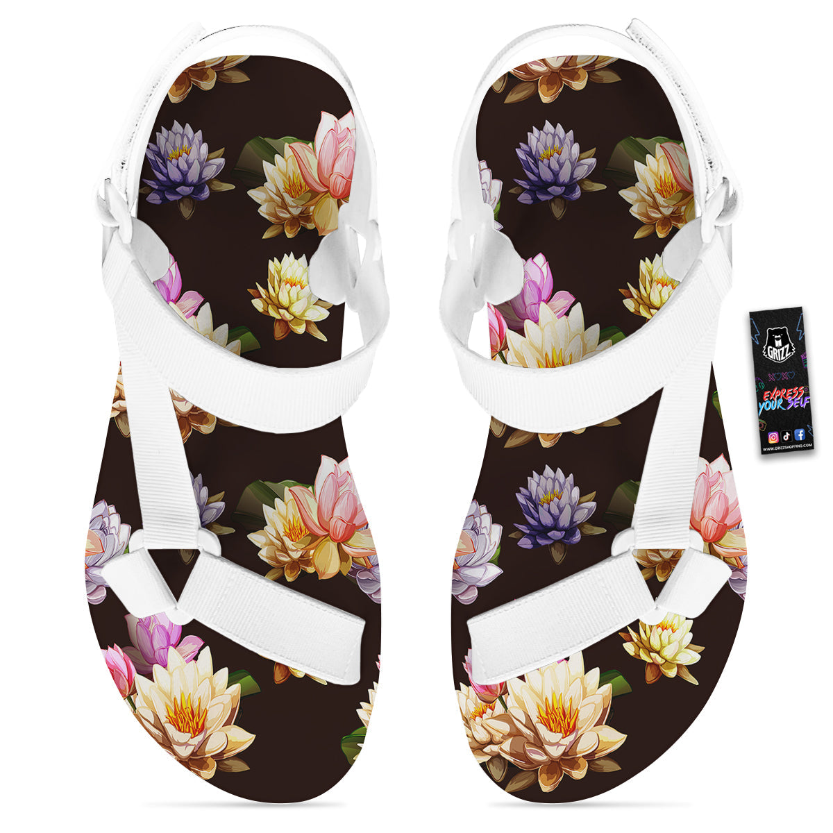 Flower Lotus Vintage Print Pattern White Open Toe Sandals-grizzshop