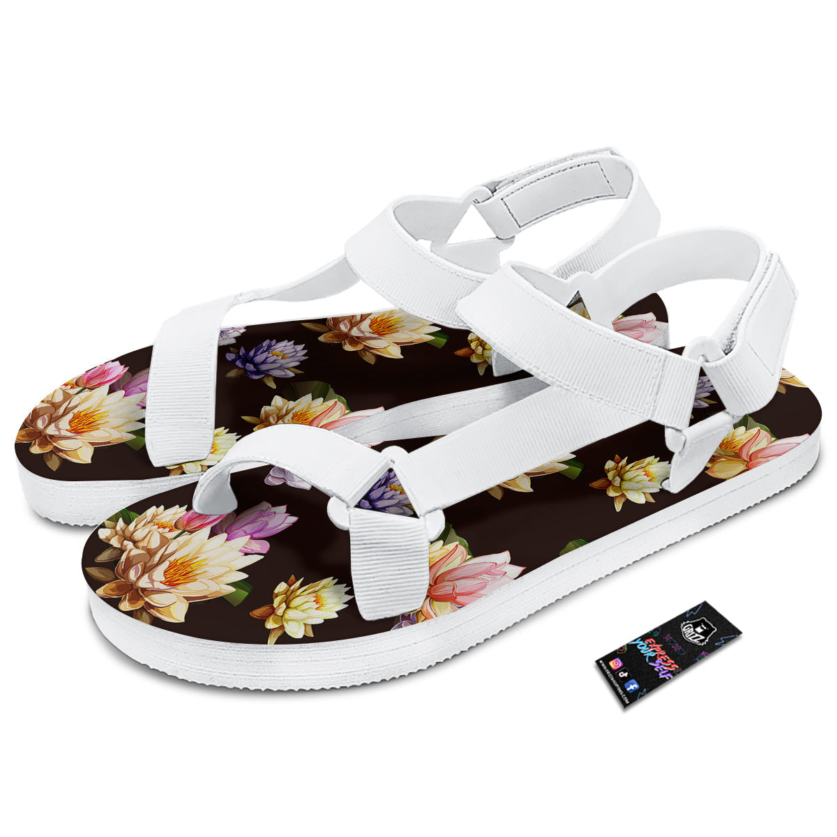 Flower Lotus Vintage Print Pattern White Open Toe Sandals-grizzshop