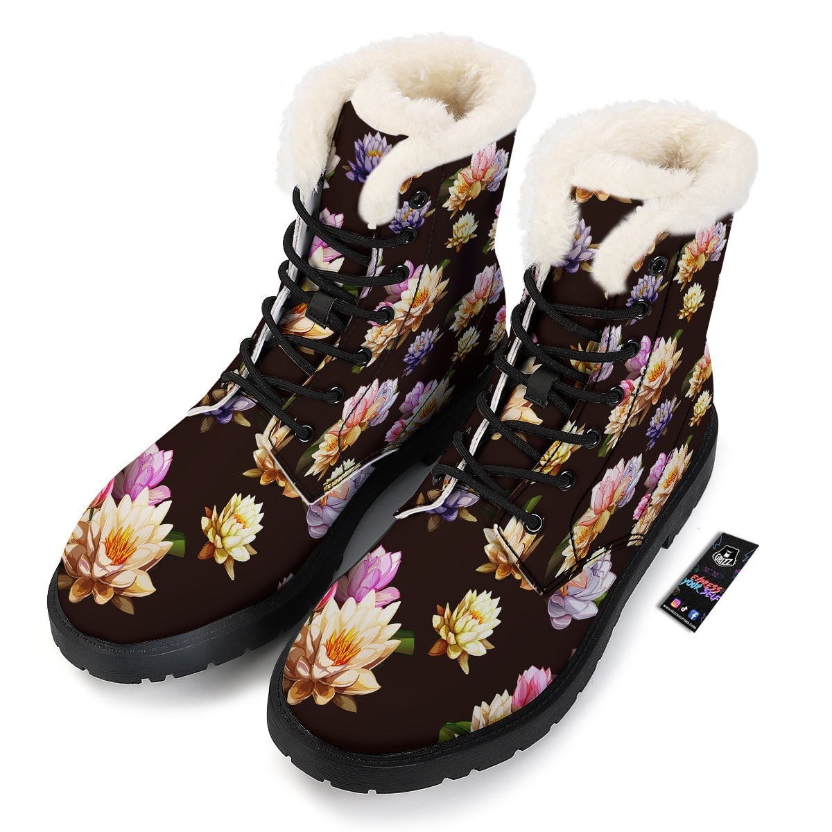 Flower Lotus Vintage Print Pattern Winter Boots-grizzshop