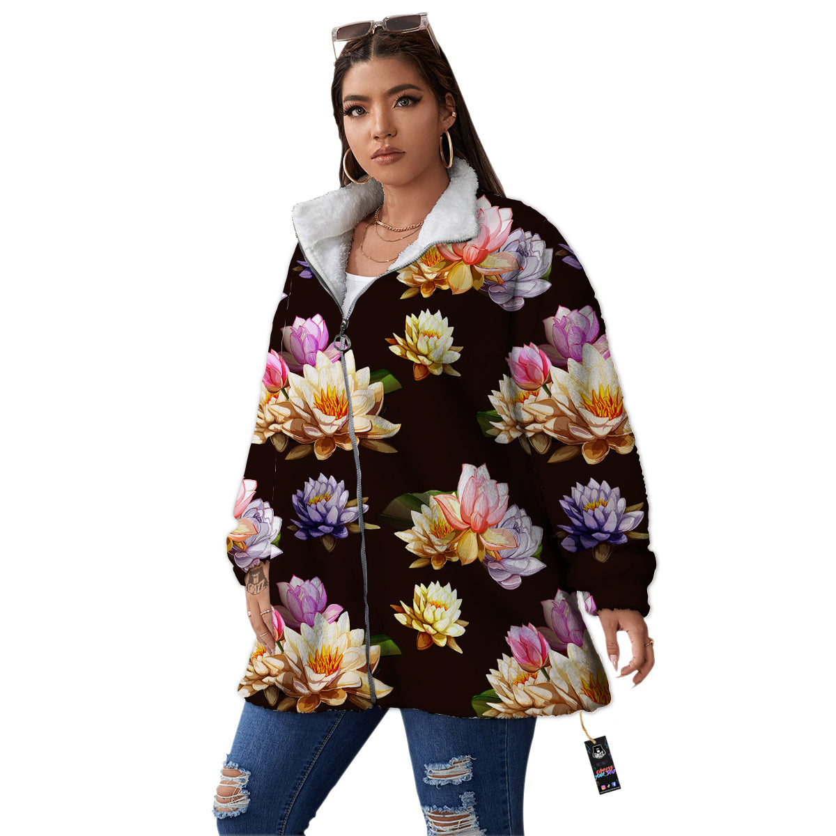 Flower Lotus Vintage Print Pattern Women's Sherpa Jacket-grizzshop