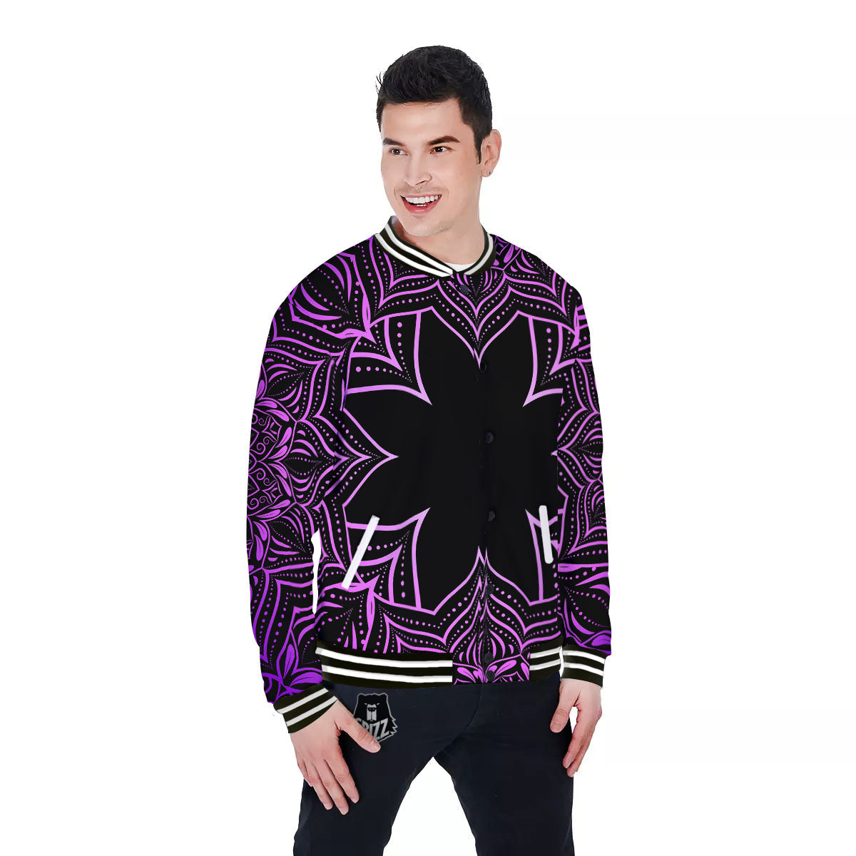 Flower Mandala Purple Print Baseball Jacket-grizzshop