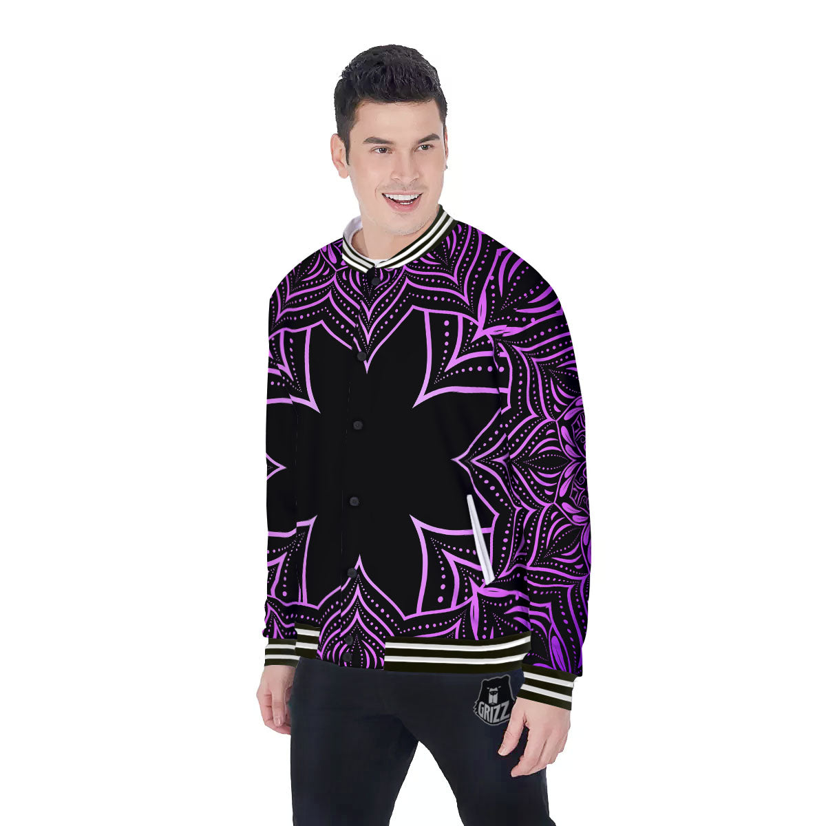 Flower Mandala Purple Print Baseball Jacket-grizzshop