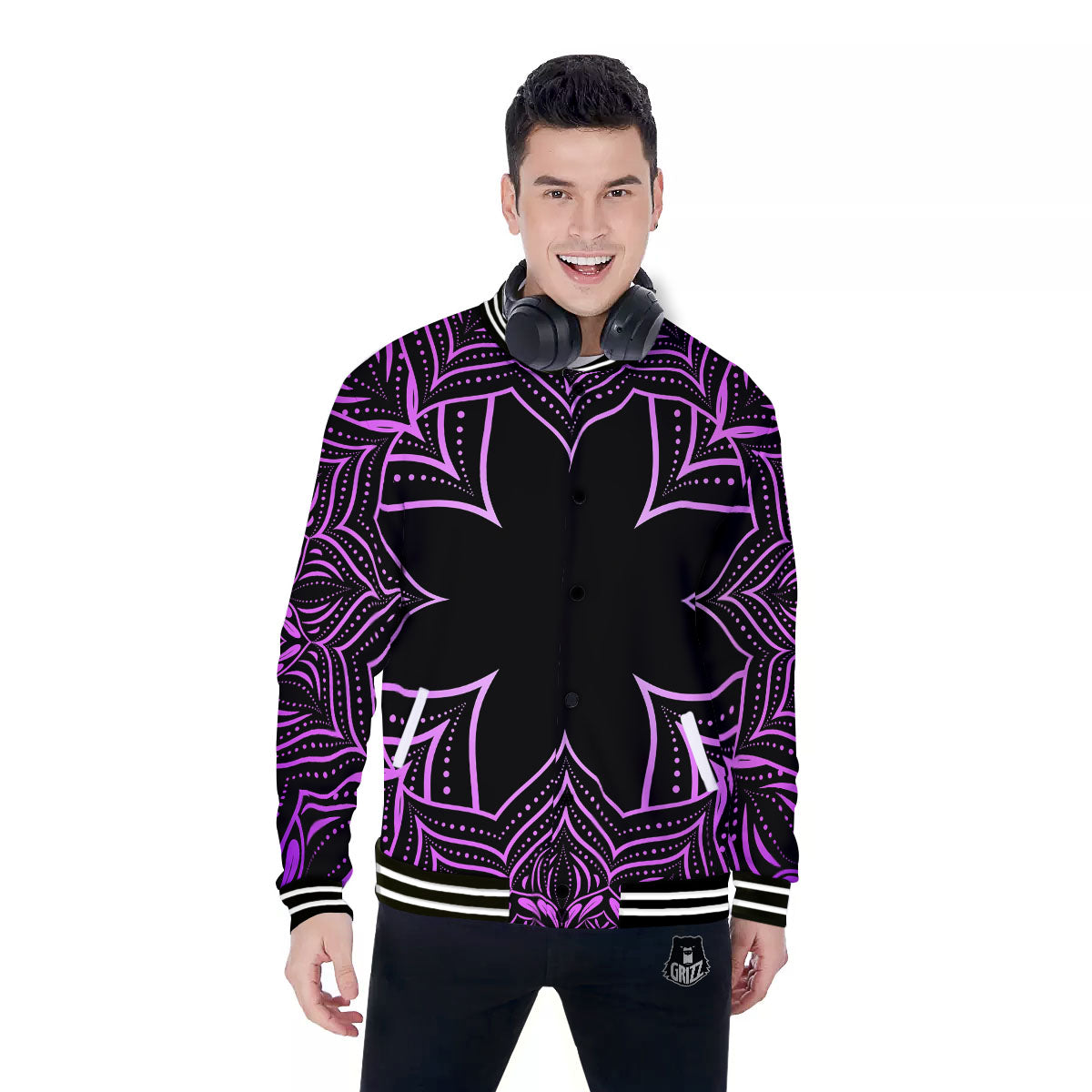 Flower Mandala Purple Print Baseball Jacket-grizzshop