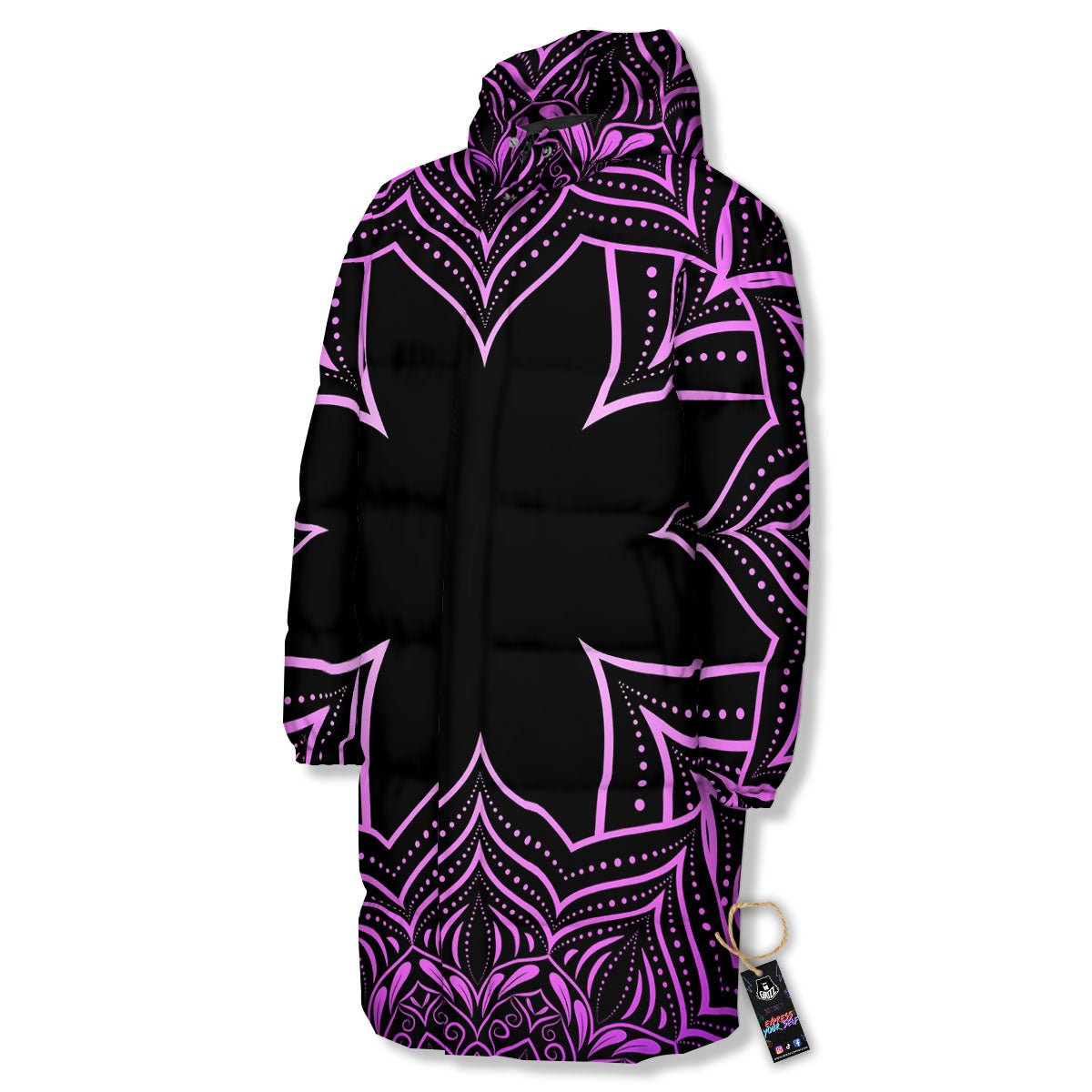 Flower Mandala Purple Print Long Down Jacket-grizzshop