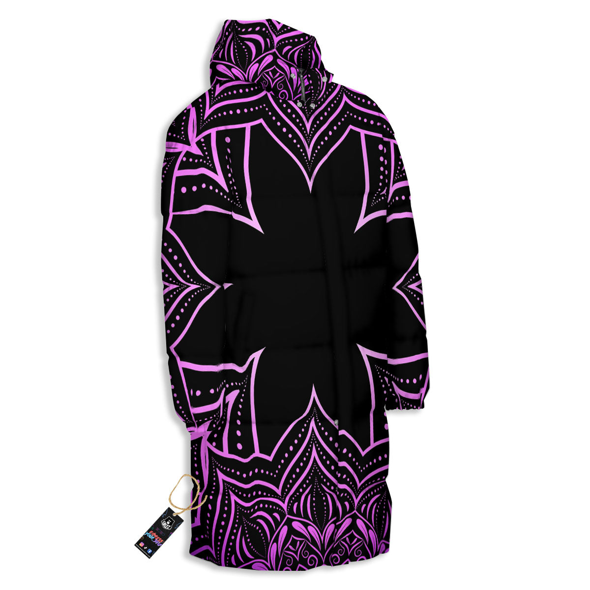 Flower Mandala Purple Print Long Down Jacket-grizzshop