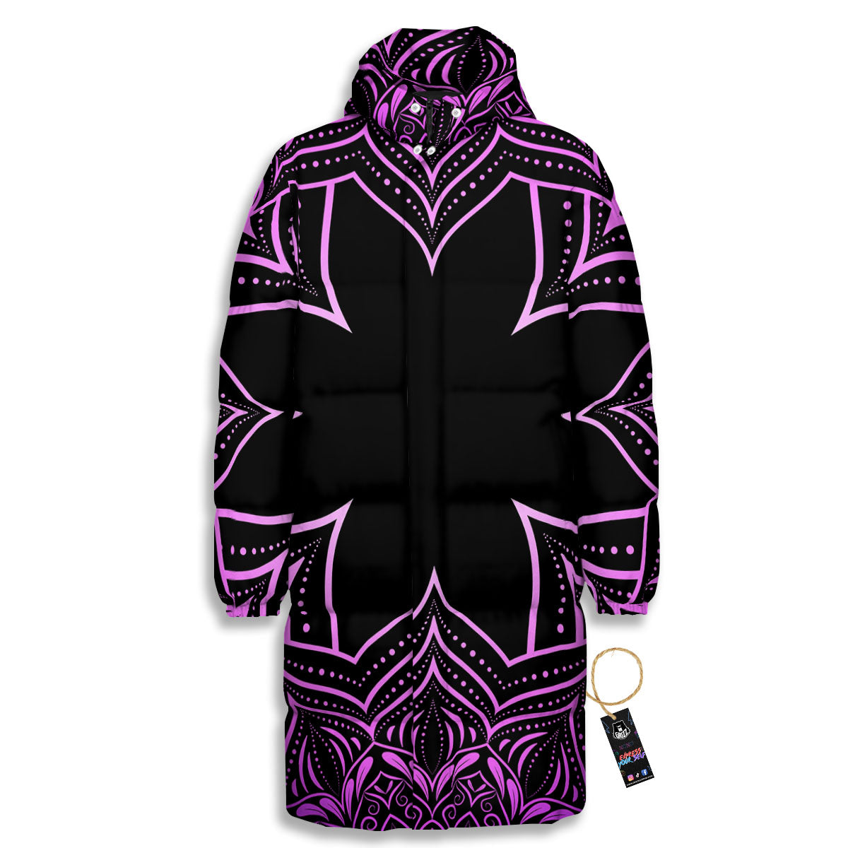 Flower Mandala Purple Print Long Down Jacket-grizzshop