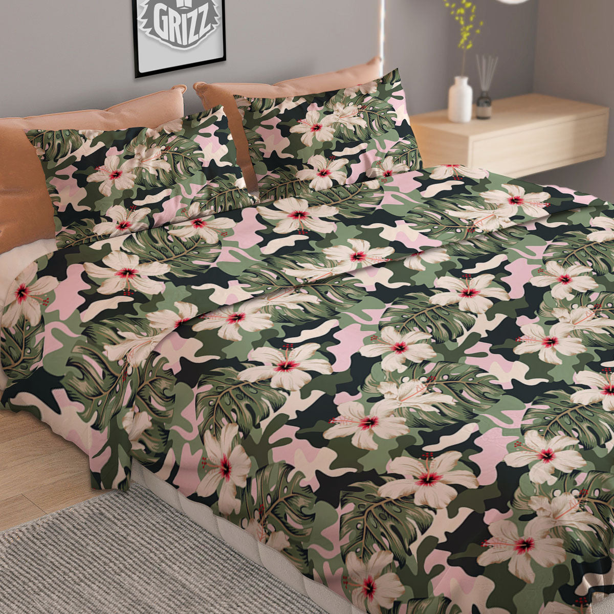 Flower Military Camouflage Print Pattern Duvet Cover Bedding Set