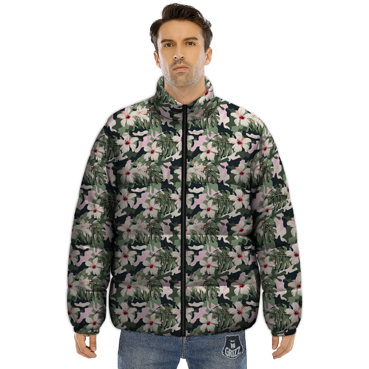Flower Military Camouflage Print Pattern Puffer Jacket-grizzshop