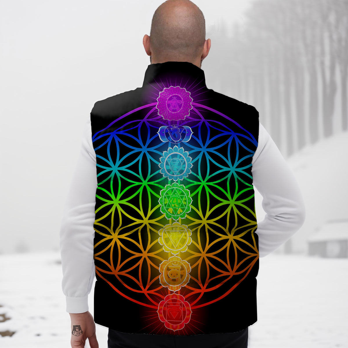 Flower Of Life Seven Chakras Print Down Vest-grizzshop