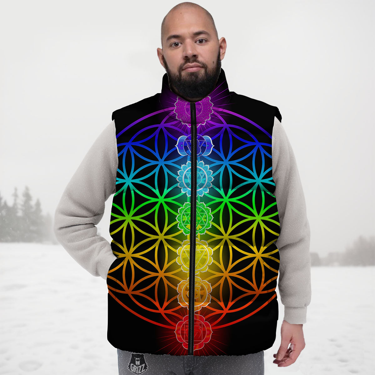 Flower Of Life Seven Chakras Print Down Vest-grizzshop