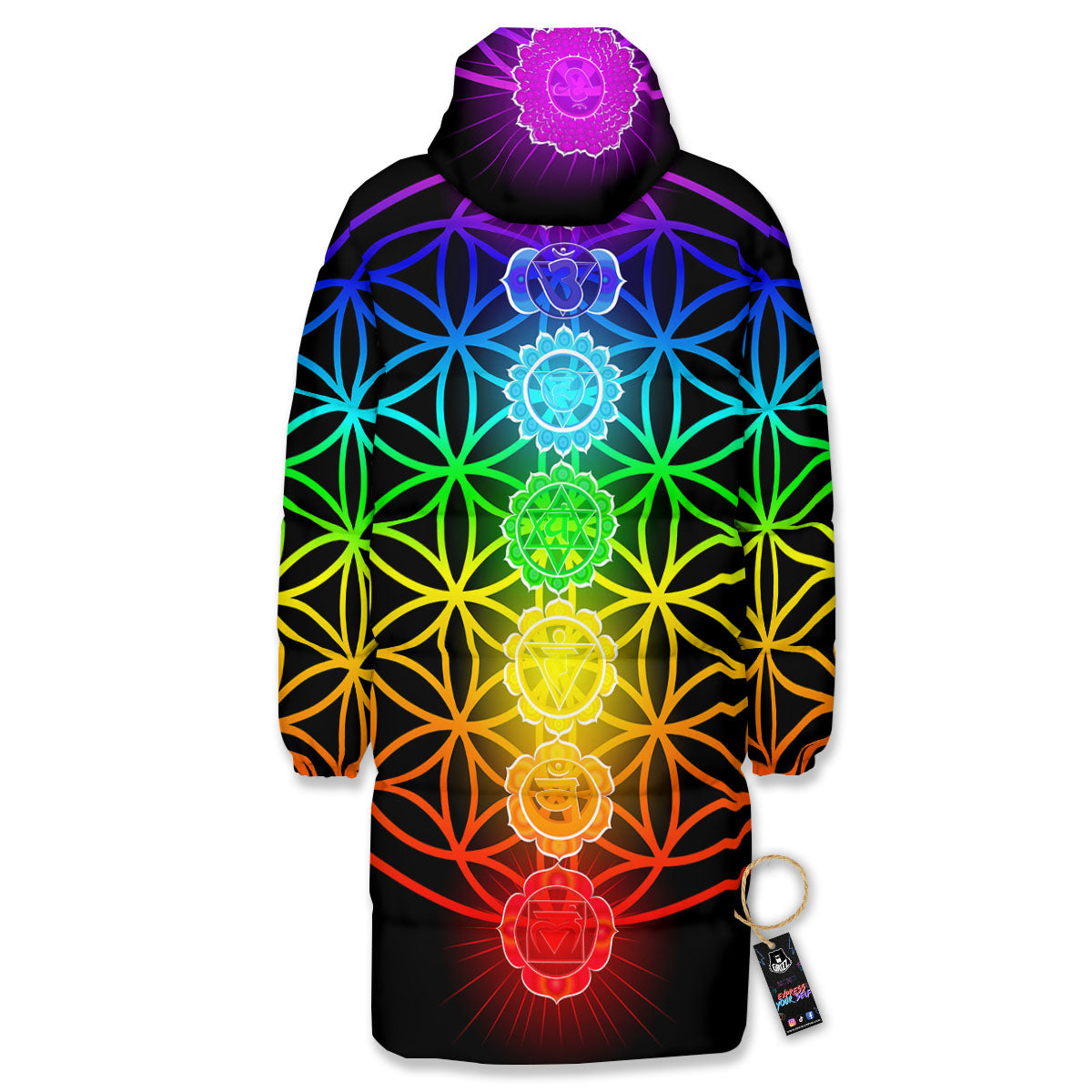 Flower Of Life Seven Chakras Print Long Down Jacket-grizzshop