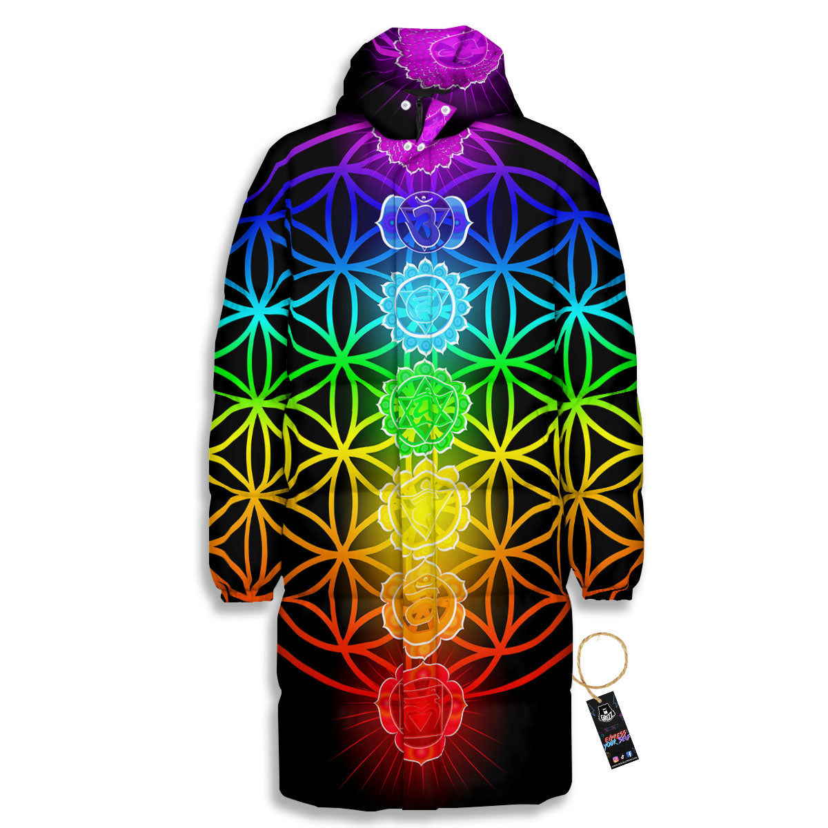 Flower Of Life Seven Chakras Print Long Down Jacket-grizzshop