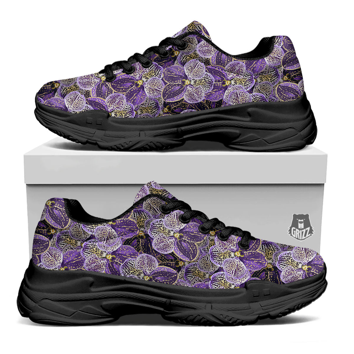 Flower Orchid Purple Print Pattern Black Chunky Shoes-grizzshop