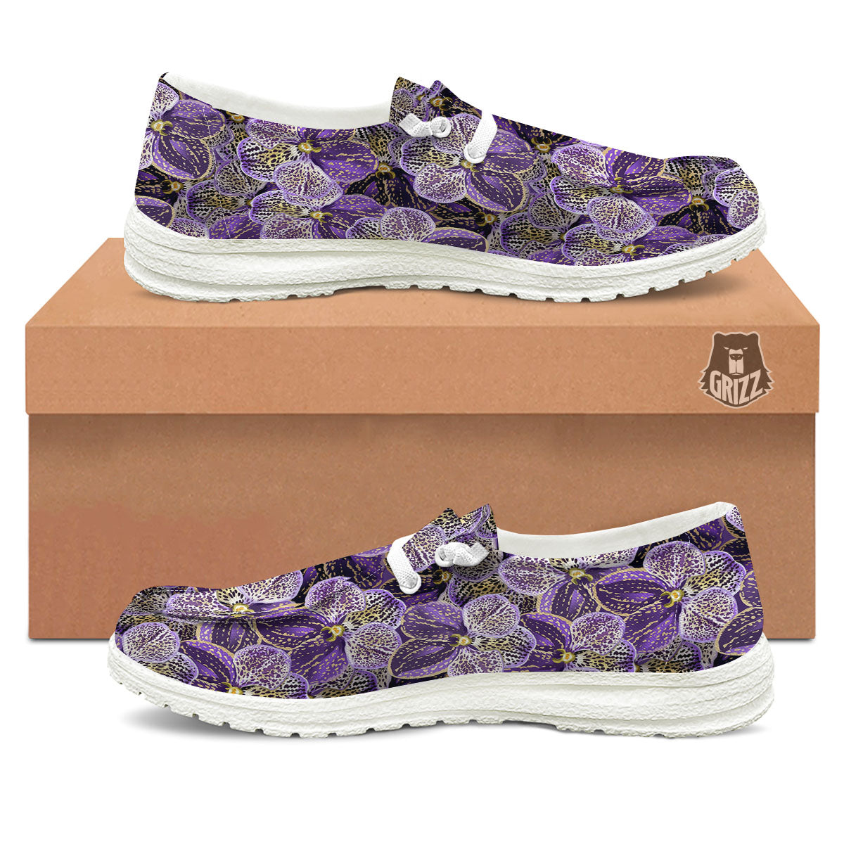 Flower Orchid Purple Print Pattern Black Loafers-grizzshop