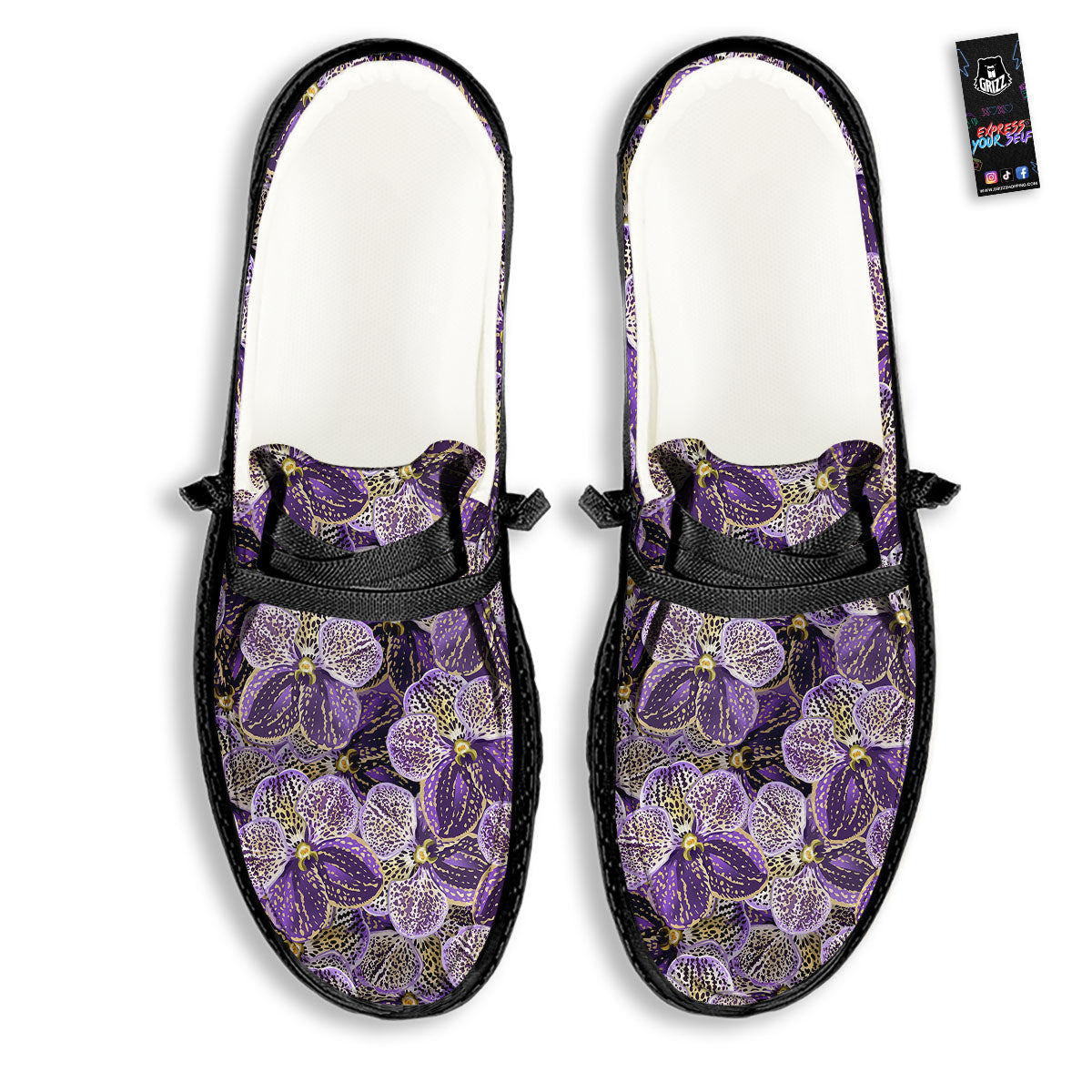 Flower Orchid Purple Print Pattern Black Loafers-grizzshop