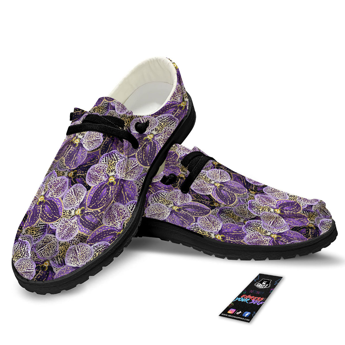 Flower Orchid Purple Print Pattern Black Loafers-grizzshop