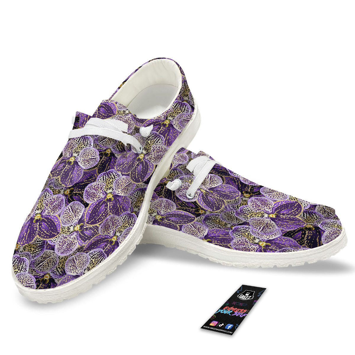 Flower Orchid Purple Print Pattern Black Loafers-grizzshop