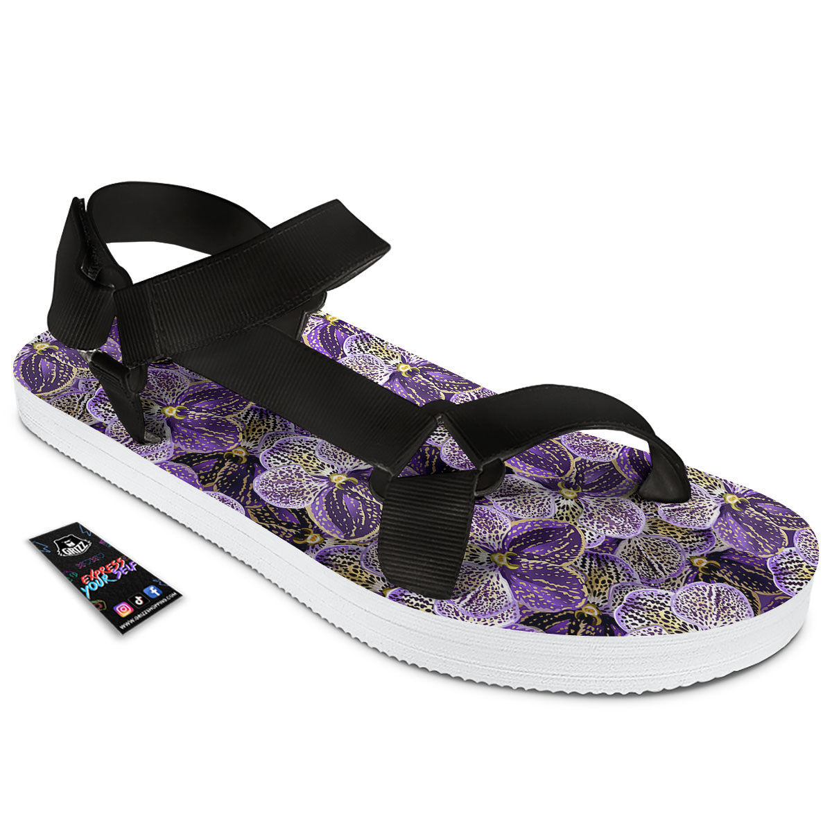 Flower Orchid Purple Print Pattern Black Open Toe Sandals-grizzshop
