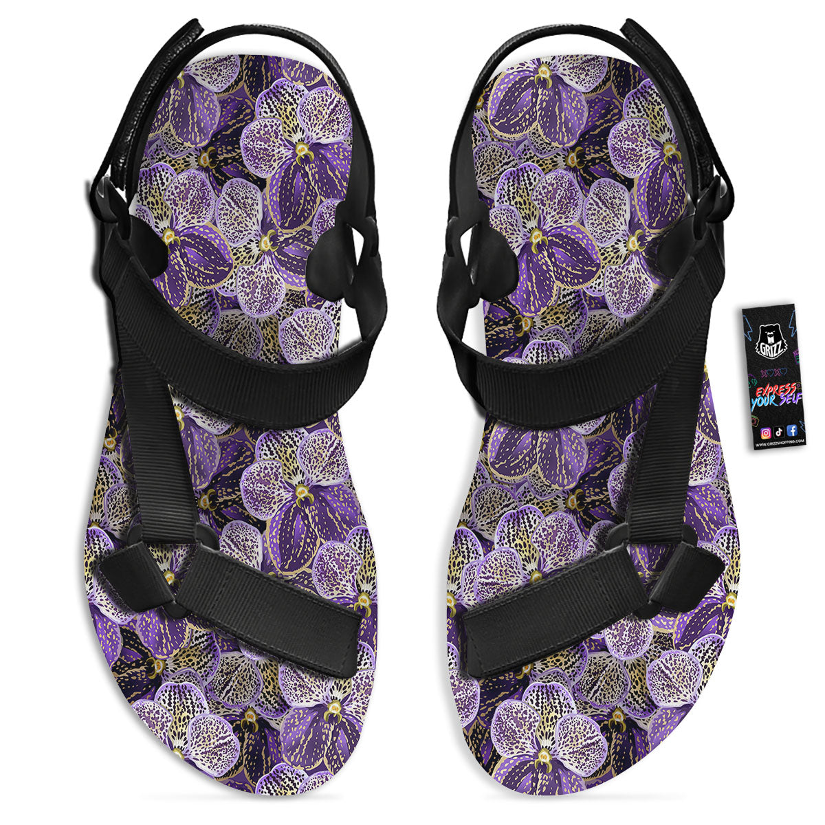 Flower Orchid Purple Print Pattern Black Open Toe Sandals-grizzshop