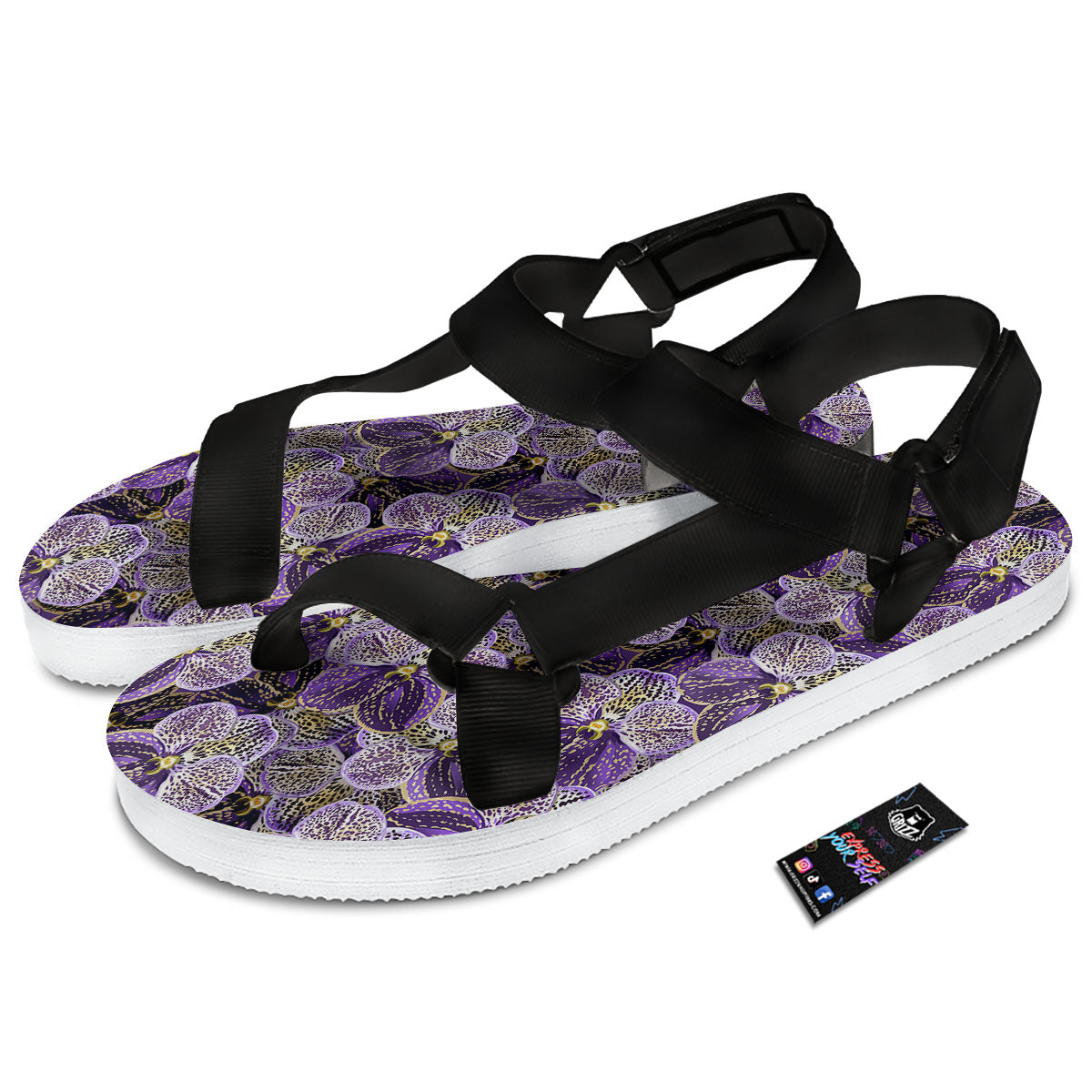 Flower Orchid Purple Print Pattern Black Open Toe Sandals-grizzshop