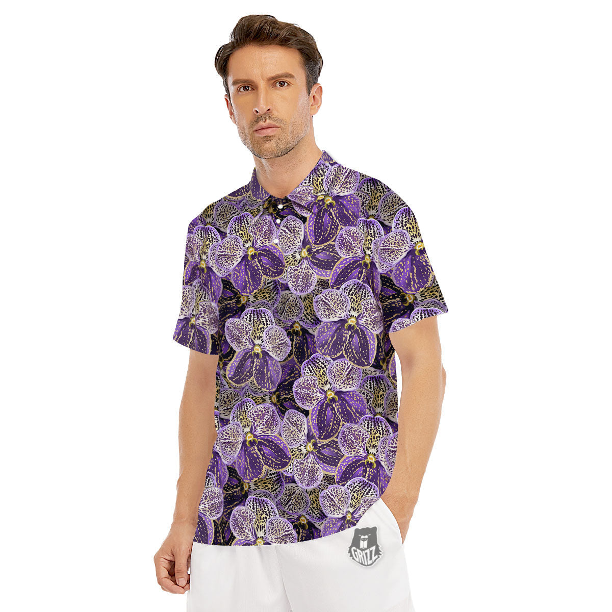 Flower Orchid Purple Print Pattern Men's Golf Shirts-grizzshop
